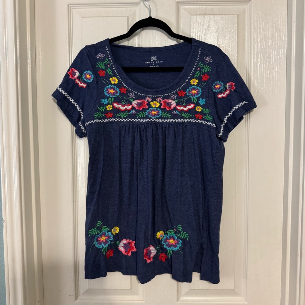 South Moon Navy Embroidered Short-Sleeve Blouse